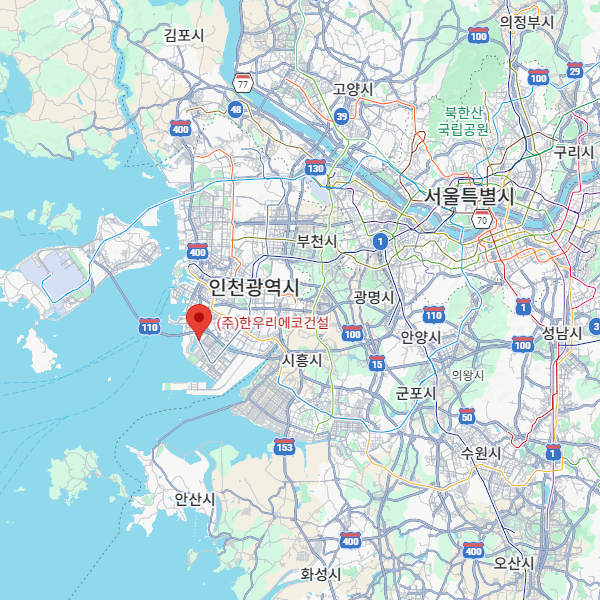 (주)한우리에코건설을 중심으로 인천 및 인근 지역이 표시된 지도